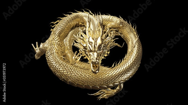Fototapeta Full body gold dragon in coin body pose with 3d rendering include alpha path.
