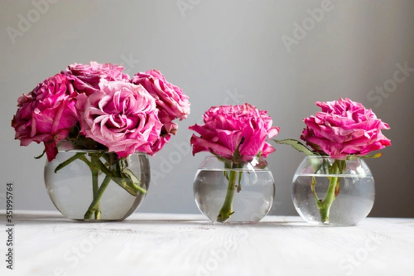 Obraz red terry roses in transparent glass round vases stand in a row as a decoration of a wedding table