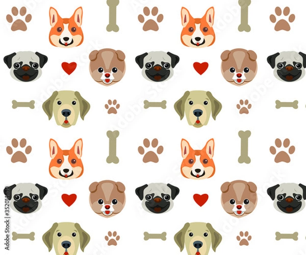 Fototapeta set of animals, dogs pattern. 4 types of dogs are depicted: Corgi, Labrodor, Pug and Spitz