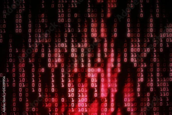 Obraz red binary background. computer bad big data matrix. multiple exposure photo of LED screen displaying information codes. Hacker computer virus spyware concepts. ai and data analysis concepts.