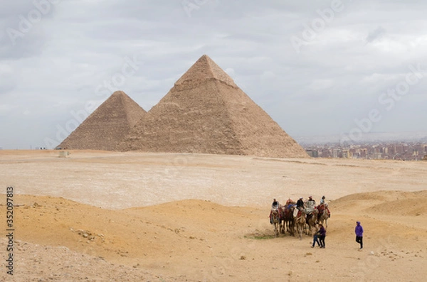 Fototapeta 
Tourists riding camels in Giza, Egypt on December 8, 2020.