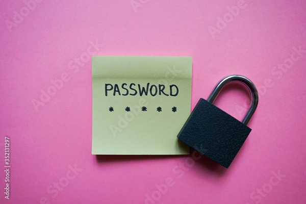 Fototapeta Secret password written on paper note on background. Login access, encryption and cyber security concepts.