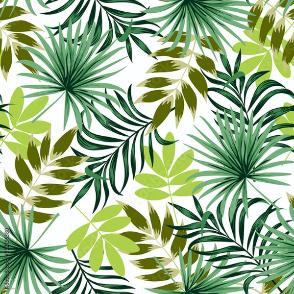Obraz Trend seamless pattern with green tropical leaves on white background. Illustration in Hawaiian style. Summer background with exotic leaves. Seamless vector texture.