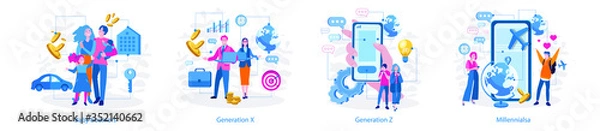 Fototapeta Millennials, Generation Z, Baby boomers, Generation X . Vector illustration for web banner, infographics, mobile. 