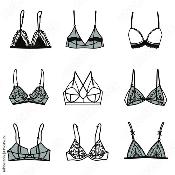 Obraz Set with different types of underwear. Bra. Balcony, bralette, classic, triangle. Lingerie. Simple vector illustration.