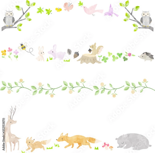 Obraz 絵本風の森の動物の飾り罫