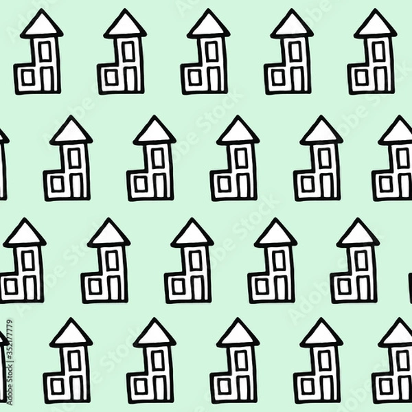 Obraz Simple doodle pint with cozy homes on blue background. White houses are located in chaotic style. Seamless pattern for design interiors and children’s goods.Vector illustration. 