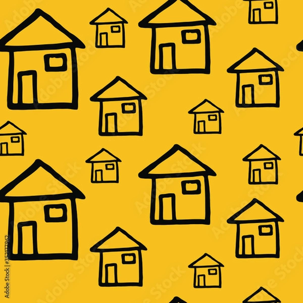 Obraz Abstract geometric monochrome houses in simple minimalistic style on orange background. Seamless print For decoration and design interiors and children’s goods. Hand drawn vector illustration