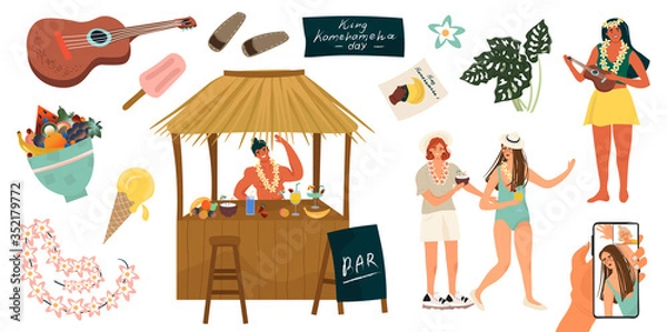 Obraz Set of nice flat vector elements of hawaiian culture and people about celebration King Kamehameha Day on white background. Beach bar, summer party in hawaiian-style and happy people in cartoon style.