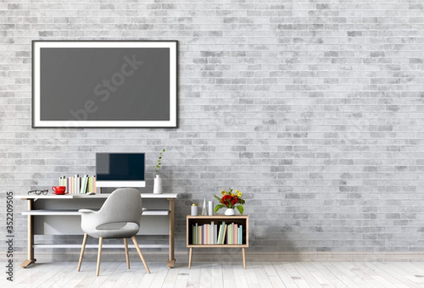 Obraz Mockup blank poster with desktop computer on desktop. 3D render.