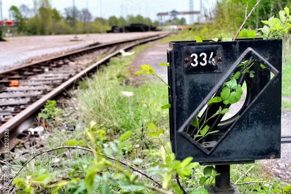 Fototapeta Old track switch on the railway track in the grass
