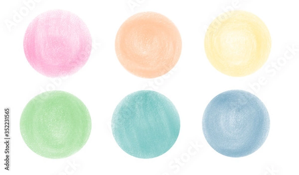 Fototapeta Set of colored circles. Illustration with colored chalk. Hand-drawn bright strokes on white background. For banner, sticker, and poster.