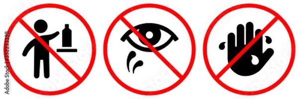 Fototapeta Warning keep out of reach from children, avoid touching the eyes and do not use wet hands to touch vector icon set isolated on white background