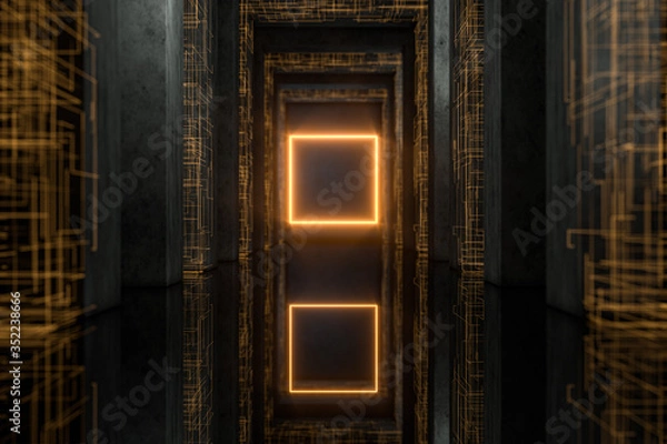 Fototapeta Glowing geometry lines in the dark tunnel, 3d rendering.