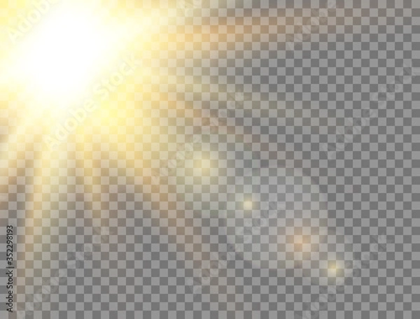 Fototapeta Golden glowing light effect on transparent background. Sun light. Summer sunny backdrop. Magic banner. Sunshine with rays. Sunlight lens flash. Vector illustration