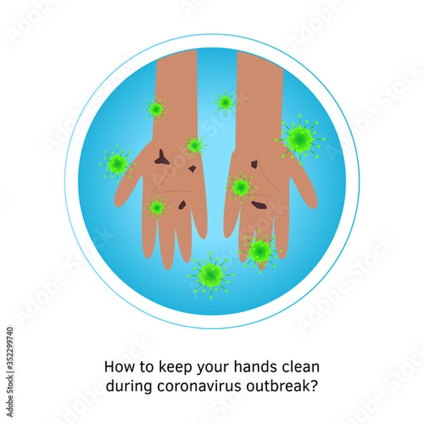 Fototapeta Wash hands infographic. Dirty hands with bacteria holding soap foam under water tap. Arm in foam soap bubbles. Vector illustration flat design. Personal hygiene. Disinfection, skin care. Antibacterial
