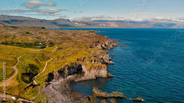 Fototapeta Aerial view of Snaefellsnes peninsula at sunset, Iceland. Aerial view of Arnarstapi