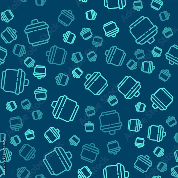 Fototapeta Green line Cooking pot icon isolated seamless pattern on blue background. Boil or stew food symbol. Vector