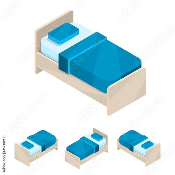 Fototapeta Single bed. Small new isometric blue furniture with bedding and pillows. Wooden frame.