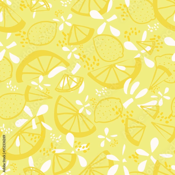 Fototapeta Vector lemon citrus fruit fresh summer floral repeating pattern. Hand drawn textured citrus fruit pattern with texture on yellow background. Modern yummy backdrop.