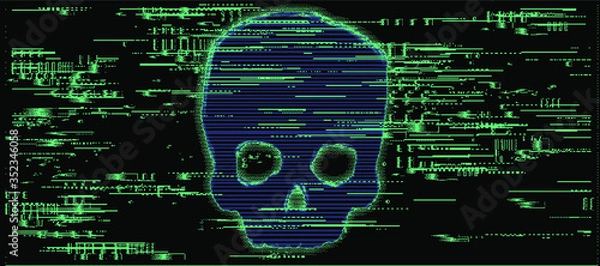 Fototapeta Computer code on a screen with a skull representing a computer virus, hack attack, malware and ransomware.