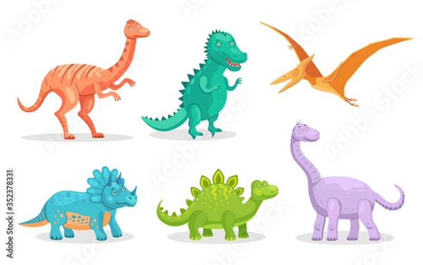 Fototapeta Cute dino flat icon set. Cartoon ancient pterodactyl, brontosaurus and triceratops isolated vector illustration collection. Monsters and prehistoric reptiles concept