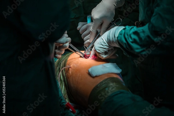 Fototapeta Close up of nurse hands during surgery in operation room. total hip arthroplasty with cement fixation of components