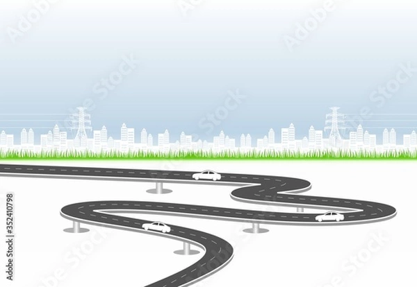 Obraz Roadway journey to the future. Asphalt street isolated on city background. Symbols Way to the goal of the end point. Path mean successful business planning Suitable for advertising and presentstation