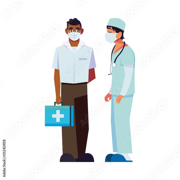 Fototapeta Men doctors with uniforms mask and kit vector design