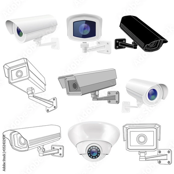 Fototapeta CCTV security camera set. Surveillance devices. 3d and outline drawings