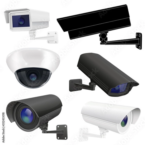Obraz CCTV security camera set. Surveillance devices. 3d and outline drawings