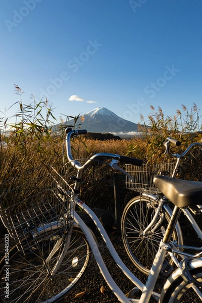 Obraz Mount Fuji view from Lake Kawaguchi with bicycles foreground, Yamanashi Prefecture, Japan.