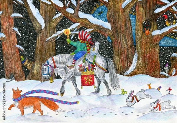 Obraz The boy rides a horse. Fairytale forest. Bright illustration in ink and colored pencils. Cute illustration for the decor and design of posters, postcards, prints, stickers, invitations, textiles.