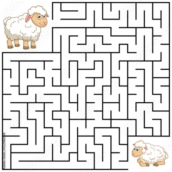 Fototapeta Square maze for kids with cartoon Sheep. Find right way to the Lamb. Entry and exit. Puzzle Game with answer. Learning Labyrinth conundrum. Education worksheet. Activity page. Logic Games for kids.