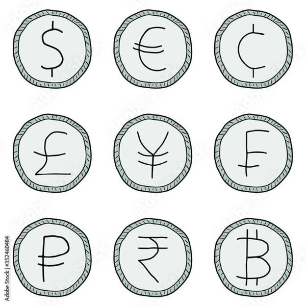 Fototapeta Vector image of nine world currencies, imitation of freehand drawing. Icons of dollar, euro, cent, pound, yen, franc, ruble, rupee, bitcoin in the form of silver coins.