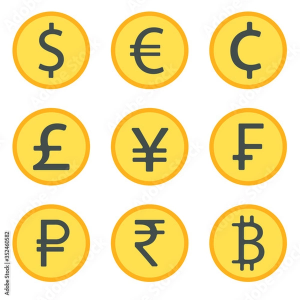 Fototapeta Vector image of nine world currencies. Icons of dollar, euro, cent, pound, yen, franc, ruble, rupee, bitcoin in the form of gold coins. Flat icons.