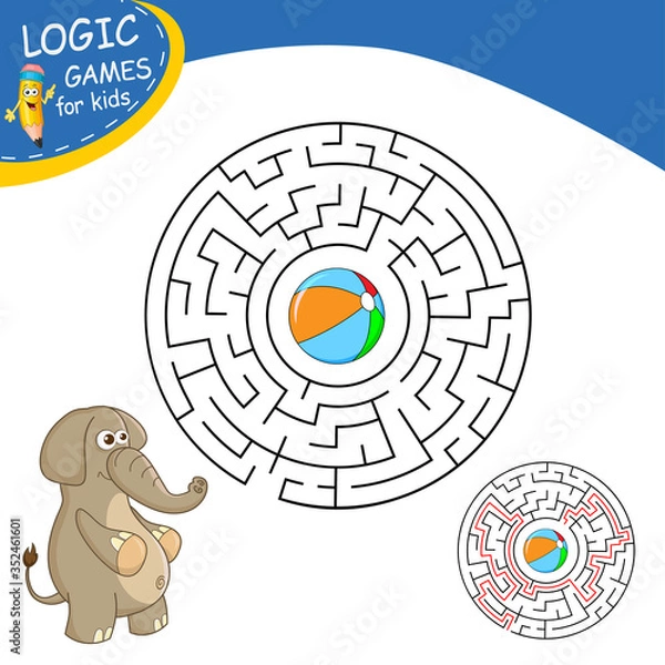 Fototapeta Colorful Round Maze. Labyrinth conundrum with funny character Elephant. Find the right path. Logic Games for kids with Answer. Education worksheet. Activity page. Puzzle for children. Cartoon style.