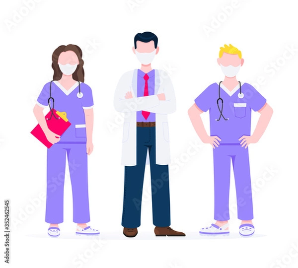Fototapeta Successful team of medical employee doctors with face masks vector illustration isolated on white background. Three hospital or medic clinic staff doctors standing up with equipment.