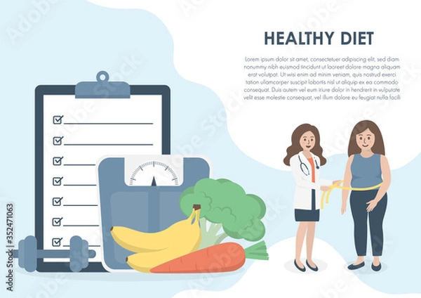 Fototapeta Nutritionist doctor measuring obese female patient waist. Clipboard, weight scale, dumbbell, fruit and vegetable in background. Healthy diet, nutrition consultation and weight loss concept. Copy space