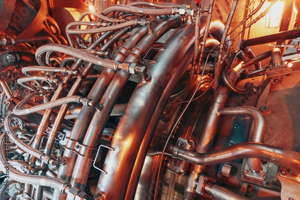 Fototapeta Gas turbine turbine installation in power plants and aviation.