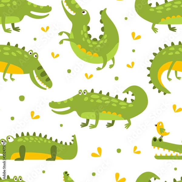 Fototapeta Cute Crocodiles Seamless Pattern, Wild African Animal Decorative Childish Design, Fabric, Wallpaper, Packaging, Background Cartoon Vector Illustration