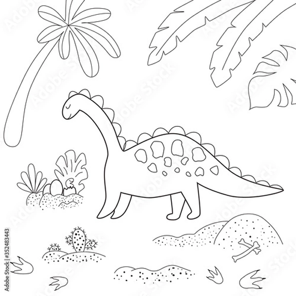 Fototapeta Dinosaur coloring page. Cute cartoon dinosaur and his nest with little dino. Black and white for coloring book