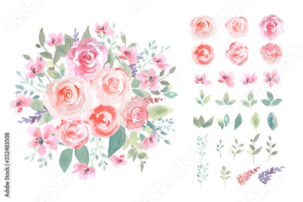 Fototapeta Water color rose with green leaf bouquet in botanical loose style with isolated arrangement set on white background illustration vector. Suitable for Valentine's day and wedding design elements.