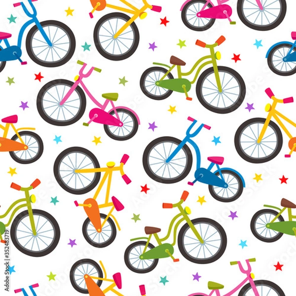 Fototapeta Colorful cartoon bicycles seamless pattern on white background