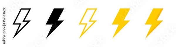 Fototapeta Elektryczne wektorowe ikony, izolowane. Błyskawiczne ikony błyskawicy. Kolekcja ikon Flash. Logo Bolt. Symbole elektryczne. Symbole pioruna elektrycznego. Znak światła błyskowego. Ilustracji wektorowych