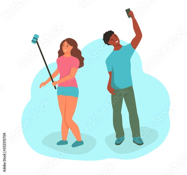 Obraz Young people in summer clothes take selfies. A couple in love with mobile phones. Flat cartoon vector illustration.