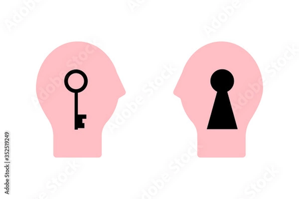 Fototapeta Two faces, one with a clue in its head, the other with a keyhole to open. Vector line of the concept of psychotherapy, solutions to mental problems, organized and disorganized brain, disorders.