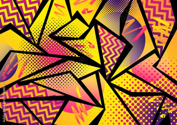 Obraz An eighties/nineties 80's/90's style vibrant orange, pink and purple pop art effect design with zig zag, halftone and gradient elements