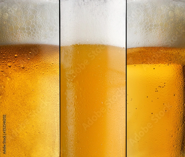 Fototapeta Background three different types of beer with foam in a glass with water drops and beautifully rising bubbles