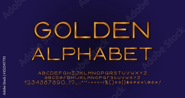 Fototapeta Elegant golden alphabet, geometric thin lines font typography. Uppercase and lowercase letters, numbers, symbols and marks. Vector illustration